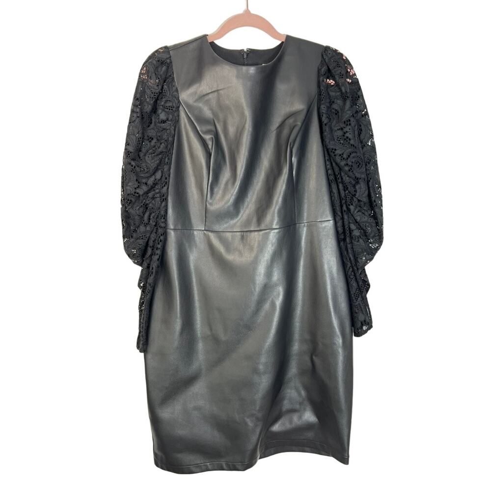 Express Black Long Lace Sleeves Faux Vegan Leather Midi Dress Size M